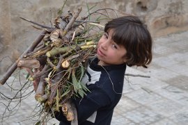 طفل حمصي يجمع الحطب للتدفئة والطهي