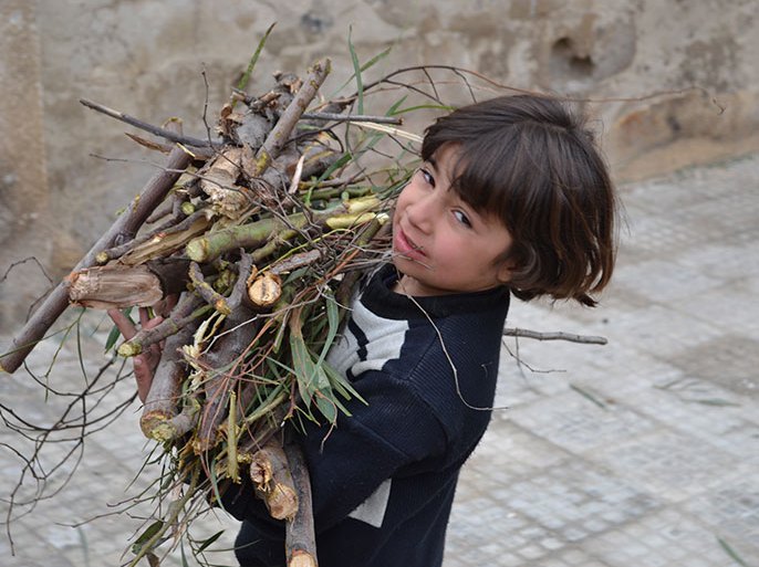 طفل حمصي يجمع الحطب للتدفئة والطهي