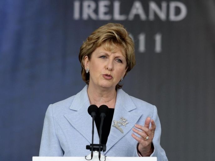 DUNSHAUGHLIN, IRELAND - SEPTEMBER 22: Irish President Mary McAleese speaks during the opening ceremony prior to the 2011 Solheim Cup at Killeen Castle Golf Club on September 22, 2011 in Dunshaughlin, County Meath, Ireland.