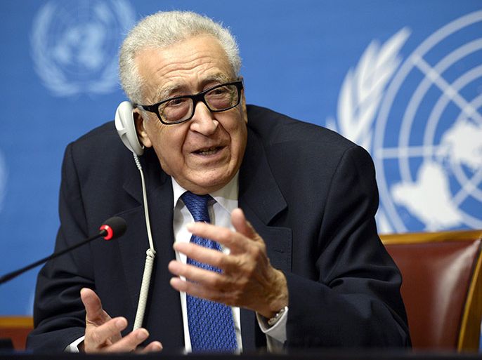 UN mediator Lakhdar Brahimi gestures as he talks during a press conference on the Syrian peace talks at the United Nations headquarters in Geneva on February 15, 2014. A second round of peace talks between Syria's warring sides broke off on February 15, 2014 without making any progress and without a date being set for a third round, Brahimi said. AFP