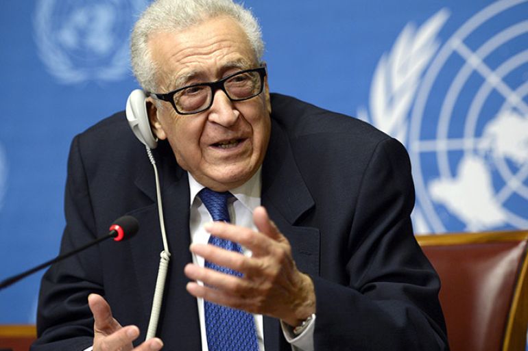 UN mediator Lakhdar Brahimi gestures as he talks during a press conference on the Syrian peace talks at the United Nations headquarters in Geneva on February 15, 2014. A second round of peace talks between Syria's warring sides broke off on February 15, 2014 without making any progress and without a date being set for a third round, Brahimi said. AFP