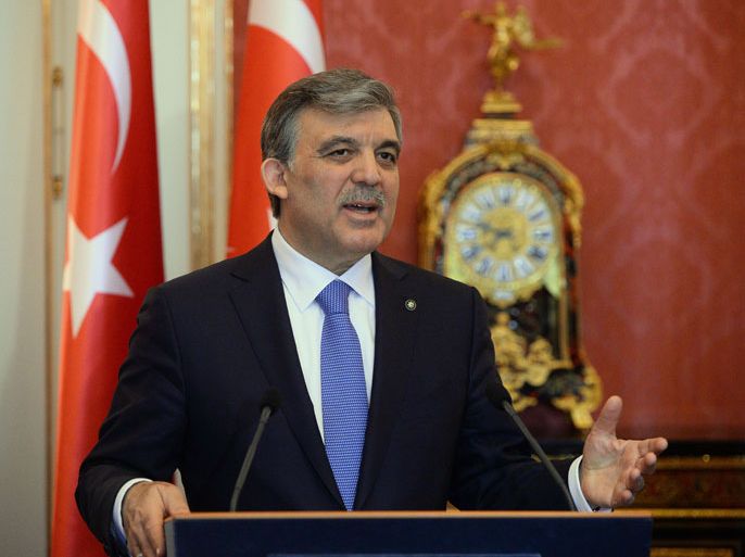 Budapest, -, HUNGARY : Turkey's President Abdullah Gul speaks during a joint press with his Hungarian counterpart in the presidental palace in Budapest on February 17, 2014. Turkey's President pays a three-day official visit to Hungary. AFP PHOTO / ATTILA KISBENEDEK