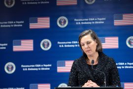 US State Department Assistant Secretary of State for European and Eurasian Affairs Victoria Nuland holds a press conference at the US Embassy in Kiev on February 7, 2014. Washington's top diplomat in Europe on February 7 refused to comment on a leaked phone conversation in which she used the f-word in regards to the EU's handling of the Ukraine crisis. AFP
