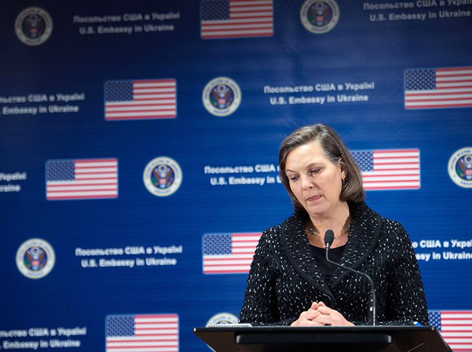US State Department Assistant Secretary of State for European and Eurasian Affairs Victoria Nuland holds a press conference at the US Embassy in Kiev on February 7, 2014. Washington's top diplomat in Europe on February 7 refused to comment on a leaked phone conversation in which she used the f-word in regards to the EU's handling of the Ukraine crisis. AFP