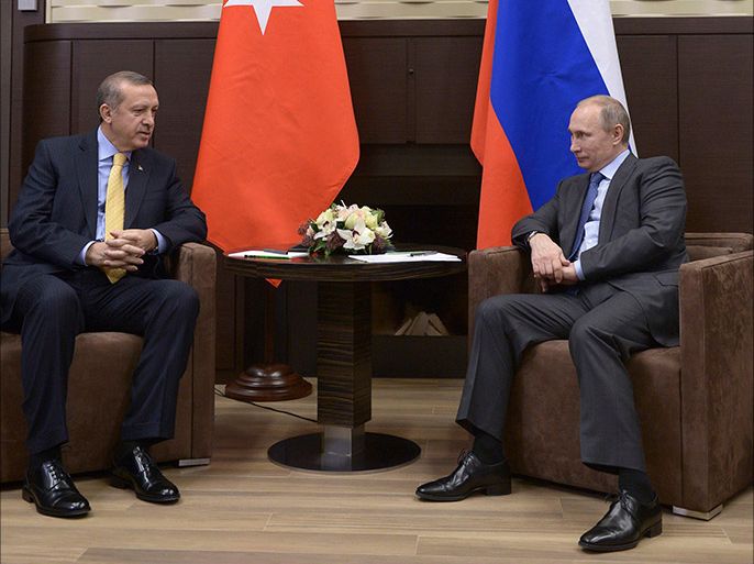 Russia's President Vladimir Putin (R) meets with Turkey's Prime Minister Tayyip Erdogan at the Bocharov Ruchei state residence in Sochi February 7, 2014. REUTERS/Alexei Nikolsky/RIA Novosti/Kremlin (RUSSIA - Tags: POLITICS) ATTENTION EDITORS - THIS IMAGE HAS BEEN SUPPLIED BY A THIRD PARTY. IT IS DISTRIBUTED, EXACTLY AS RECEIVED BY REUTERS, AS A SERVICE TO CLIENTS