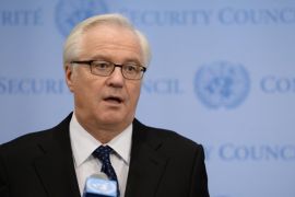 Vitaly Churkin, Russia's Ambassador to the United Nations, speaks to the media after a closed-door meeting of the Security Council on Syria December 16, 2013 at UN headquarters in New York. AFP PHOTO/Stan HONDA