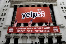 A view of a Yelp sign on the front of the New York Stock Exchange following the company's initial public offering in New York, New York, USA, on 02 March 2012. Shares of the company were up 66% in the first hour of trading. EPA/JUSTIN LANE