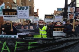 تظاهرة تاصحفيين في لندن للمطالبة بالإفراج عن صحفيي الجزيرة المعتقلين بمصر