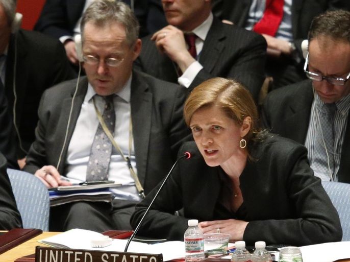 U.S. Ambassador to the United Nations Samantha Power (C) speaks during a security council meeting on the crisis in Ukraine, at the U.N. headquarters in New York March 1, 2014. Ukraine on Saturday asked the United States and other key members of the U.N. Security Council to help safeguard its territorial integrity after Russia announced plans to send armed forces into the country's autonomous Crimea region. REUTERS/Eduardo Munoz (UNITED STATES - Tags: POLITICS CIVIL UNREST)