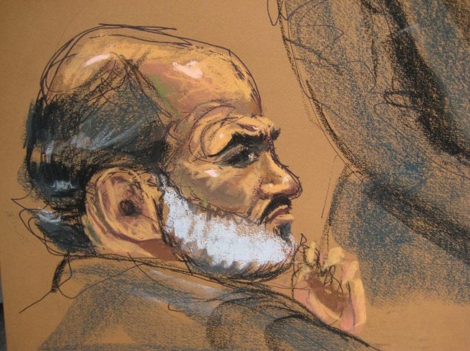 Suleiman Abu Ghaith, a son-in-law of Osama bin Laden, is shown in this courtroom sketch sitting during opening arguments at his trial in Manhattan Federal Court in New York March 5, 2014 . Abu Ghaith, 48, is one of the highest profile defendants to face terrrorism charges in the United States for his involvement following the attacks of September 11, 2001 on the World Trade Center and the Pentagon. REUTERS/Jane Rosenburg (UNITED STATES - Tags: CRIME LAW POLITICS) NO SALES. NO ARCHIVES. FOR EDITORIAL USE ONLY. NOT FOR SALE FOR MARKETING OR ADVERTISING CAMPAIGNS