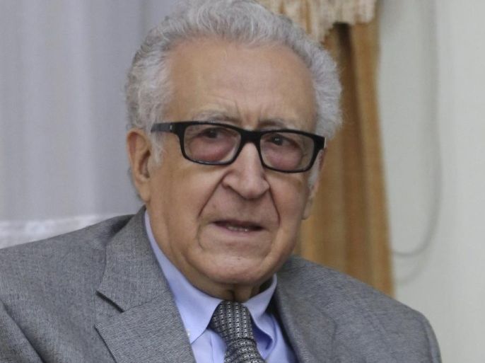 U.N.-Arab League mediator Lakhdar Brahimi meets with Secretary of Iran's Supreme National Security Council, Ali Shamkhani, at his office in Tehran, Iran, Sunday, March 16, 2014. Brahimi is on a trip to speak with top officials in Iran, a major backer of Syrian President Bashar Assad. (AP Photo/Vahid Salemi)
