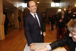 French president Francois Hollande casts his ballot for the municipal elections at a polling station in Tulle, center of France, Sunday, March 23, 2014. The first round of municipal elections in France has far right candidates hoping for a strong showing, which could give them a grass roots base upon which to grow nationally. It's also seen as a test of the resiliency of France's governing Socialists, who swept to victory six years ago. (AP Photo/Guillaume Horcajuelo, Pool)
