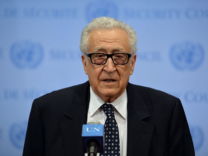 United Nations Special Envoy Lakhdar Brahimi talks to the media after briefing a Security Council meeting on Syria March 13, 2014 at UN headquarters in New York. AFP
