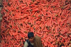 A Pakistani vegetable vendor sells carrots at a market in Lahore on February 10, 2014. Pakistan was on track to receive a third loan package worth 550 million dollars from the International Monetary Fund, the Washington-based lender indicated, saying the nation's economic recovery was gathering pace. The IMF approved a $6.7 billion bailout loan package for Pakistan in September 2013 to help the struggling nuclear-armed country achieve economic reforms, particularly in its troubled energy sector. AFP PHOTO/Arif ALI