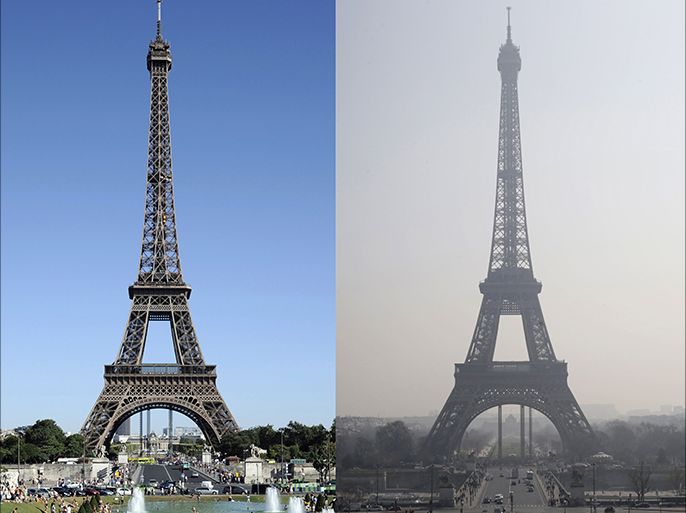 This combination of 2 pictures shows the Eiffel tower in central Paris through a haze of pollution (R) taken on March 14, 2014 and during clear weather (L) on August 17, 2012. More than 30 departments in France are hit by maximum level pollution alerts since the day before, prompting Ecology Minister to say air quality was "an emergency and a priority for the government." AFP PHOTO / BERTRAND GUAY / KENZO TRIBOUILLARD