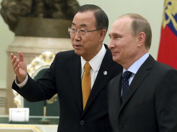 United Nations Secretary General Ban Ki-moon (L) speaks with Russian President Vladimir Putin during their meeting in Moscow's Kremlin March 20, 2014. Ban said at a meeting with Putin that he was "deeply concerned" by the situation involving Ukraine and Russia. REUTERS/Sergei Ilnitsky/Pool (RUSSIA - Tags: POLITICS)