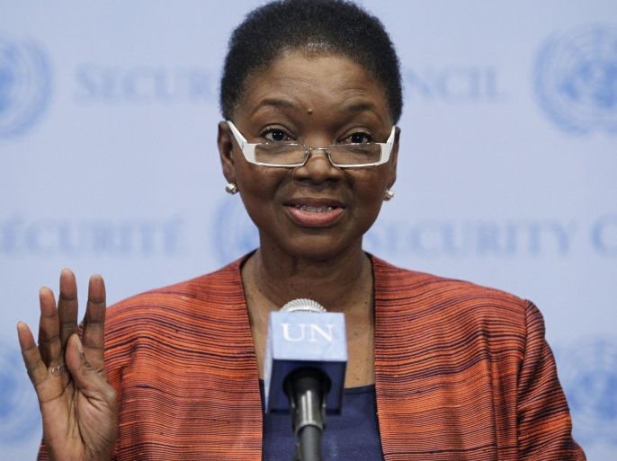 In this photo provided by the United Nations, Valerie Amos, UN Under-Secretary-General for Humanitarian Affairs and Emergency Relief Coordinator, briefs journalists following closed-door Security Council consultations on the situation in Syria, Friday, March 28, 2014 at United Nations Headquarters. Amos sharply criticized the Syrian government's lack of progress in allowing desperately needed aid to people in Syria, telling the Security Council on Friday that the regime's delays in withholding cross-border aid deliveries are "arbitrary and unjustified" — and against international law. (AP Photo/United Nations, JC McIlwaine)