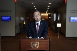United Nations Secretary General Ban ki-moon speaks with the media following his briefing to UN Member States on Syria, at the United Nations headquarters in New York, New York, USA, 14 March 2014. The Syrian conflict has caused the world's largest refugee crisis as it has forced 40 per cent of the population from their homes, the UN refugee agency reported on 14 March in Geneva.