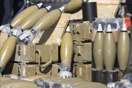 Some of the 181 122mm mortar shells are displayed by the Israeli military along with forty rockets (type M-302) and approximately 400,000 7.62-calibre rounds (both useen) at the southern Israeli military port of Eilat, on March 10, 2014. The ammunition was found on a vessel, the Panamanian-flagged Klos-C, which was allegedly transporting arms from Iran to Gaza, and was escorted into the port of Eilat after Israeli naval commandos seized it on March 5, 2014. AFP PHOTO / JACK GUEZ