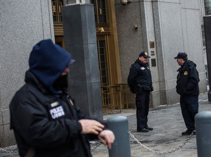 NEW YORK, NY - MARCH 03: Security guards stand outside Federal Court as the trial for Osama Bin Laden's son-in-law, Sulaiman Abu Ghaith, begins on March 3, 2014 in New York City. Jury selection begins today as Abu Ghaith is charged with conspiring to kill Americans as al-Qaida's spokesman after the Sept. 11 terrorist attacks. Added security is being used around the court due to the high profile nature of the case.