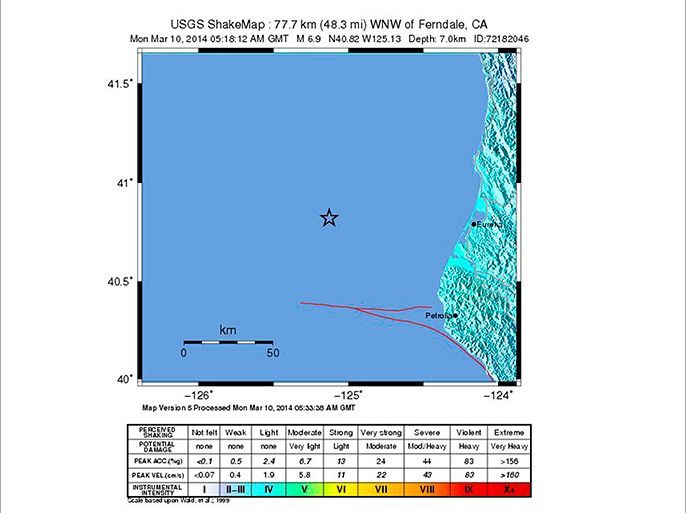 epa04118200 A shake map released by the US Geological Survey (USGS) on 10 March 2014 shows the location and intensity of a 6.9 Richter scale earthquake 77.7 km west of Eureka, California, USA. No immediate damage or tsunami alerts have been reported. EPA/USGS HANDOUT EDITORIAL USE ONLY