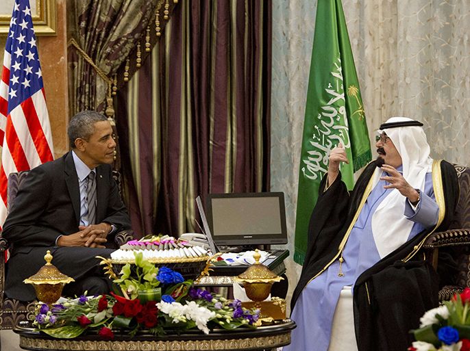 US President Barack Obama (L) meets with Saudi King Abdullah (R) at Rawdat Khurayim, the monarch's desert camp 60 miles (35 miles) northeast of Riyadh, on March 28, 2014. Obama arrived in Riyadh for talks with Saudi King Abdullah as mistrust fuelled by differences over Iran and Syria overshadows a decades-long alliance between their countries. AFP