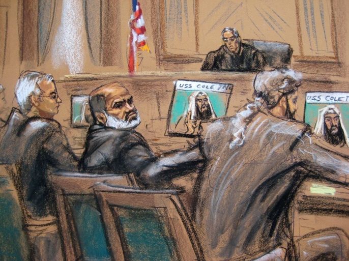 Suleiman Abu Ghaith (middle) looks on as prosecutors and defense make final arguments during his trial in a federal court in New York in this March 24, 2014 court sketch. Prosecutors contend that Abu Ghaith, as a spokesman for Osama bin Laden, conspired to kill Americans, while Abu Ghaith has denied being a member of al Qaeda. REUTERS/Jane Rosenberg (UNITED STATES - Tags: CRIME LAW) NO SALES. NO ARCHIVES. FOR EDITORIAL USE ONLY. NOT FOR SALE FOR MARKETING OR ADVERTISING CAMPAIGNS