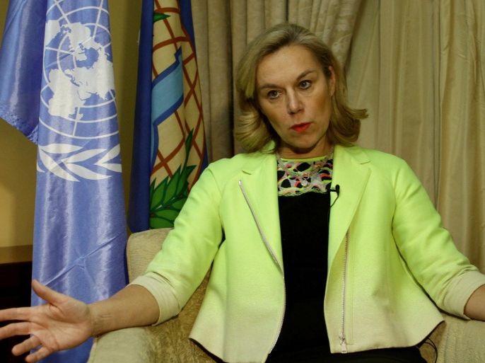 Sigrid Kaag, head of the joint Organisation for the Prohibition of Chemical Weapons (OPCW)-United Nations mission for the destruction of Syria's chemical weapons, gives an interview to AFP on February 11, 2014 in the Syrian capital Damascus. The Dutchwoman leading the vast operation to destroy Syria's chemical arsenal has urged Damascus to speed up operations, amid Western concerns the regime is deliberately dragging its feet. AFP PHOTO / LOUAI BESHARA