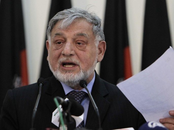 Independent Election Commission (IEC) Chief Ahmad Yusuf Nuristani talks to journalists during a press conference, in Kabul, Afghanistan, 24 April 2014. Former foreign minister Abdullah Abdullah has increased his lead over chief rival Ashraf Ghani in the race to become Afghanistan's second president since 2001, according partial results announced on 24 April. Abdullah has around 11 per cent more votes than Ashraf Ghani, a former World Bank technocrat. He still lacks the majority needed to succeed President Hamid Karzai. With 82.59 per cent of ballots counted, the Afghan Independent Elections Commission (IEC) said Abdullah had won 43.8 per cent and Ghani 32.9 per cent.
