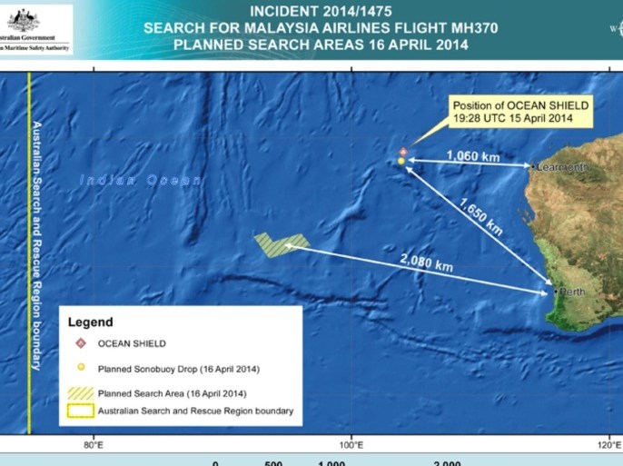 In this map provided on Wednesday, April 16, 2014, by the Joint Agency Coordination Centre, details are presented in the search for the missing Malaysia Airlines Flight 370 in the southern Indian Ocean. A robotic submarine looking for the lost Malaysian jet continued its second seabed search on Wednesday as up to 14 planes were to take to the skies for some of the final sweeps of the Indian Ocean for floating debris from the ill-fated airliner. (AP Photo/Joint Agency Coordination Centre) EDITORIAL USE ONLY