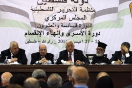 Palestinian Authority President Mahmud Abbas (C) gives a speech to members of the Palestine Liberation Organisation (PLO)'s Central Council during a meeting in the West Bank city of Ramallah on April 26, 2014. Palestinians will never recognise Israel as the 'Jewish state,' Abbas said, as his leadership convened to chart a course of action after Israel halted peace talks. 'In 1993 we recognised Israel,' Abbas told members of the PLO, adding that the Palestinians should not be forced to go a step further and recognise Israel's religious identity. AFP PHOTO / ABBAS MOMANI