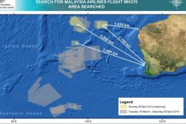 A handout image released by the Australian Maritime Safety Authority (AMSA) in Canberra, Australia, 06 April 2014, shows three search areas in the Indian Ocean, West of Australia, where planes and ships are searching again for the missing Malaysian Airlines flight MH370 on 06 April 2014, also shown are search areas on previous days. Ships and planes may be sent to investigate the electronic pulse signals detected by a Chinese ship searching for wreckage from a Malaysian passenger jet missing for almost a month, Australian officials said on 06 April.