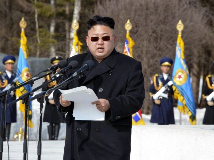 An undated photo released by the Rodong Sinmun, the newspaper of the ruling North Korean Workers Party on 02 April 2014, shows North Korean leader Kim Jong-un wearing sunglasses during his address to military troops who marched through his late grandfather's revolutionary sites on Mount Paektu in northern North Korea. EPA/RODONG SINMUN