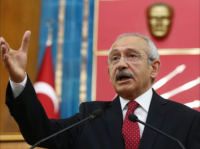 The leader of Turkey's main opposition Republican People's Party (CHP) Kemal Kilicdaroglu addresses his party's members of parliament during a meeting at the Turkish parliament in Ankara on April 8, 2014
