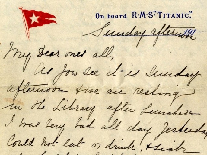 In this undated image released by Henry Aldridge And Son Autioneers, Saturday April 26, 2014, showing part of a letter written by Esther Hart and her seven-year-old daughter Eva as they sailed aboard RMS Titanic in April 1912, shortly before the ship struck an iceberg and sank in the North Atlantic Ocean with 15,00 souls. Hart survived, and so did the letter she wrote because her husband put the letter inside the pocket of his coat which he gave to his wife to keep warm, giving exquisite details about the voyage aboard the ill-fated Titanic. The handwritten letter is expected to sell for up to 100,000 pounds ($168,000) at Henry Aldridge & Son of Devizes, England, on Saturday. (AP PHOTO /Henry Aldridge And Son Autioneers)
