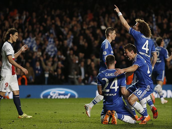 L-R) Chelsea's English defender Gary Cahill, Chelsea's Spanish defender Cesar Azpilicueta and Chelsea's Brazilian defender David Luiz celebrate after the final whistle during the UEFA Champions League quarter final second leg football match