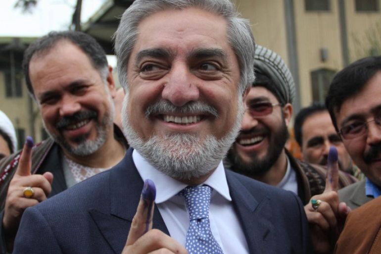 Afghan presidential candidate Dr. Abdullah Abdullah shows his finger marked with indelible ink after casting his ballot at a polling station during the presidential elections in Kabul, Afghanistan, 05 April 2014. Afghanistan began voting 05 April, for a new president amid fears of violence and insecurity. About 12 million voters are eligible to cast ballots at some 6,400 polling centers across the country, according to IEC. Around 400,000 security forces have been deployed.