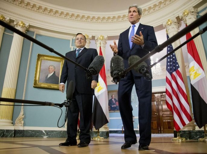 Secretary of State John Kerry and Egyptian Foreign Minister Nabil Fahmy, speak to members of the media at the State Department in Washington, Tuesday, April 29, 2014. (AP Photo)