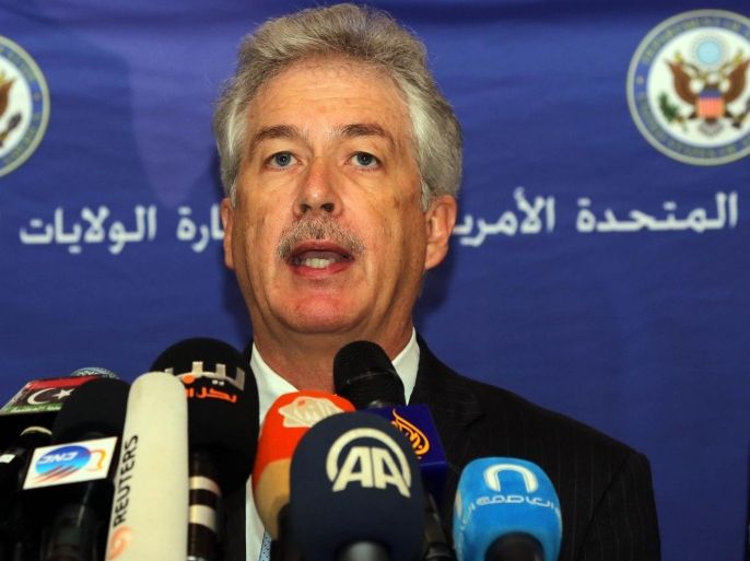 US Deputy Secretary of State William Burns gives a press conference in Tripoli during his visit to Libya on April 24, 2014. According the US state department Burns' visit reaffirms America's support of the Libyan people who are working to achieve their aspirations of the revolution: a sovereign, democratic, prosperous and secure country. AFP PHOTO / MAHMUD TURKIA
