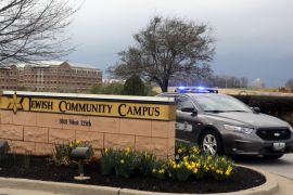 An Overland Park police car blocks the entrance into the Jewish Community Campus after a shooter opened fire at the campus in Overland Park, Kansas, USA, 13 April 2014. Three people were killed in shootings on 13 April at a Jewish community centre and a nearby Jewish nursing home, authorities said in Overland Park, Kansas. A 14-year-old boy was wounded. The shooting occurred as a youth dance event was being held at the community centre. A suspected gunman reported made anti-Jewish remarks as he was taken into police custody, the Kansas City Star reported.