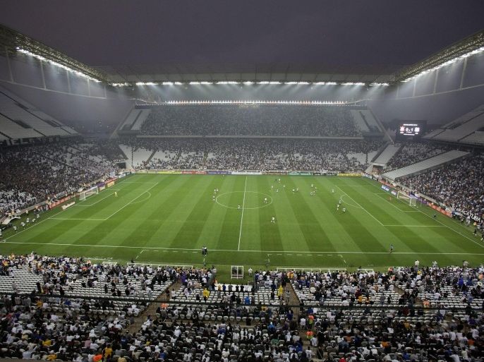 View of the Arena Corinthians stadiums during the Brazilian league match between Corinthians agaisnt Figueirense in Sao Paulo, Brazil, on 18 May 2014. It's the first official competitive match in the stadium which will host six games in the FIFA World Cup 2014 including the opening match between Brazil and Croatia on June 12th.