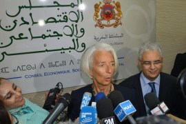 International Monetary Fund (IMF) Managing Director, Christine Lagarde (2-R), speaks during a press conference with Chairman of the Moroccan Economic, Social and Environmental Council, Nezar Baraka (R), in Rabat, Morocco, 08 May 2014. Lagarde arrived in Morocco on 07 May for a three-day visit during which she will meet with senior officials. The IMF said in a statement that her visit 'will also be an opportunity to address the Economic, Social and Environmental Council and to engage with other sectors of society, including representatives of civil society, students, business and women leaders.'