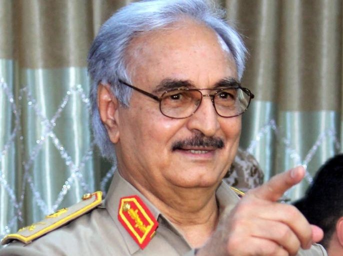 A picture made available 22 May 2014 of retired Libyan General Khalifa Haftar gesturing during a news conference in Abyar, a small town east of Benghazi, Libya, on 21 May 2014. Libya's Interior Ministry on 21 May declared its support for an anti-Islamist campaign led by the rogue army commander, the official Libyan news agency LANA reported, the latest in a series of alignments behind a drive that the interim government and parliament have condemned as a coup attempt. The ministry said it 'fully sides' with the campaign that retired general Khalifa Haftar launched 16 May against radical Islamist militias in the eastern Libyan city of Benghazi.