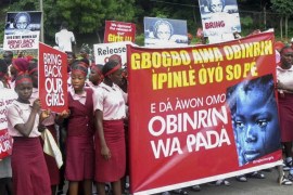 Nigerian women from Oyo state protest over the government's failure to rescue the abducted Chibok school girls in Ibadan, South west Nigeria, 08 May 2014. The Islamist group Boko Haram have claimed responsibility. The girls were kidnapped over three weeks ago by Islamist Boko Haram militants in north-east Borno state of Nigeria.
