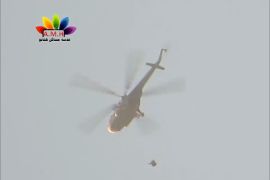 حلب مساكن هنانو لحظة القاء الطيران المروحي البراميل المتفجرة على الحي 31 -5- 2014