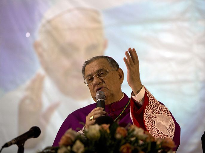 The Latin Patriarch of Jerusalem and Head of the Roman Catholic Church in the Holy Land, Fuad Twal, speaks during a press conference in the northern Israeli city of Haifa on May 11, 2014.