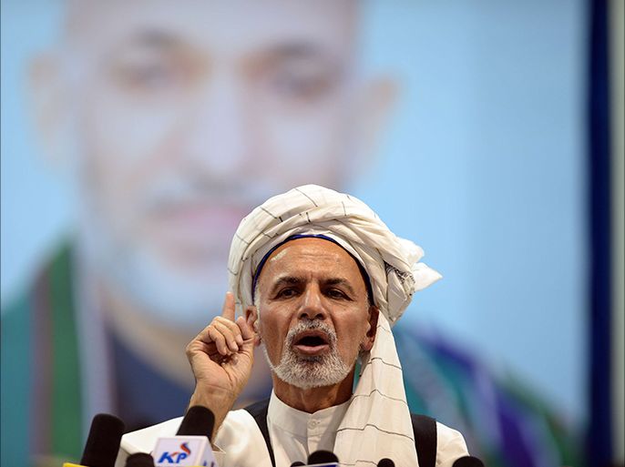 Afghan presidential candidate Ashraf Ghani Ahmadzai addresses an election gathering in Kabul on May 22, 2014. Afghan Presidential election candidate Ashraf Ghani vowed on May 22 to overturn first-round results and seize the presidency as he launched his comeback campaign ahead of a run-off vote next month.