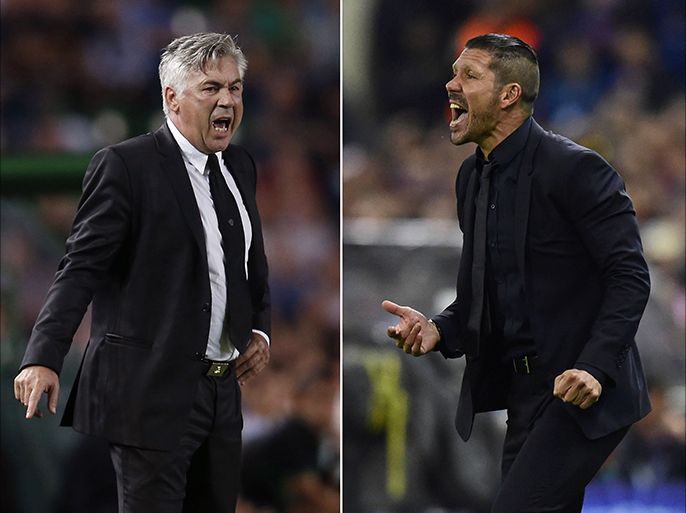 (FILES) A combination of file pictures shows Real Madrid's Italian coach Carlo Ancelotti (L) reacting during the Spanish league football match Elche vs Real Madrid at the Manuel Martines Valero Stadium in Elche on September 25, 2013 and Atletico Madrid's Argentinian coach Diego Simeone (R) shouting during the UEFA Champions League first leg semi-final football match Club Atletico de Madrid vs Chelsea at the Vicente Calderon stadium in Madrid on April 22, 2014. Real Madrid take on local rivals Atletico Madrid on May 24, 2014 in the Champions League final at the Estadio da Luz in Lisbon seeking to end a 12-year wait to win a 10th European Cup. AFP PHOTO / JAVIER SORIANO / JOSE JORDAN