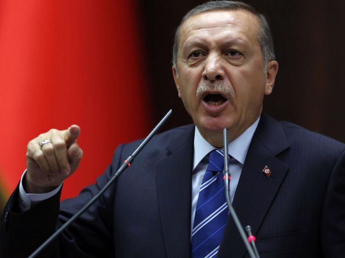 Turkish Prime Minister Recep Tayyip Erdogan addresses his supporters at the parliament in Ankara, Turkey, Tuesday, April 29, 2014. Erdogan rejected human rights criticism by German President Joachim Gauck, saying Germany ought to save its comments for its own troubles at home. (AP Photo)