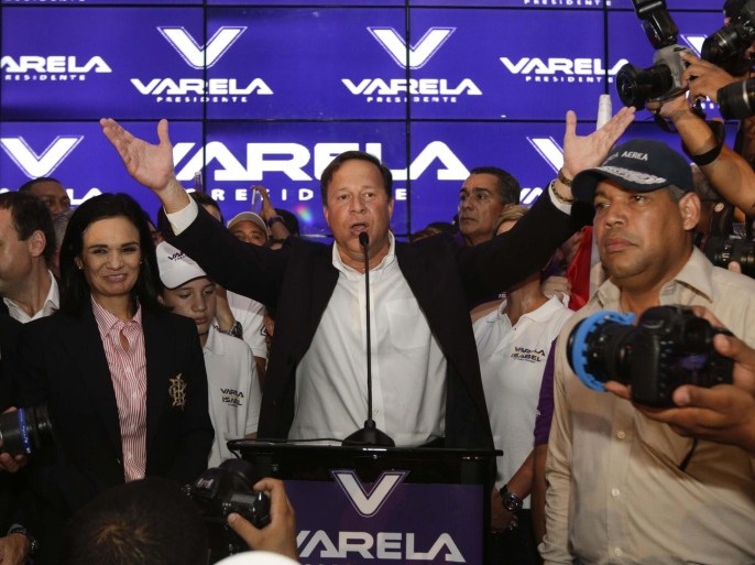 Juan Carlos Varela, Panama's president elect, delivers his acceptance speech in Panama City, Sunday, May 4, 2014. Varela was declared the victor of Panama's presidential election, thwarting an attempt by former ally President Ricardo Martinelli to extend his grip on power by electing a hand-picked successor. (AP Photo/Arnulfo Franco)